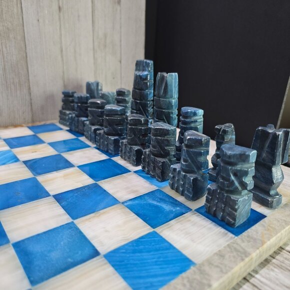 Vtg Aqua Blue White Marble Chess Board Carved Pieces Complete Set 13.5" x 13.5" - Picture 4 of 15
